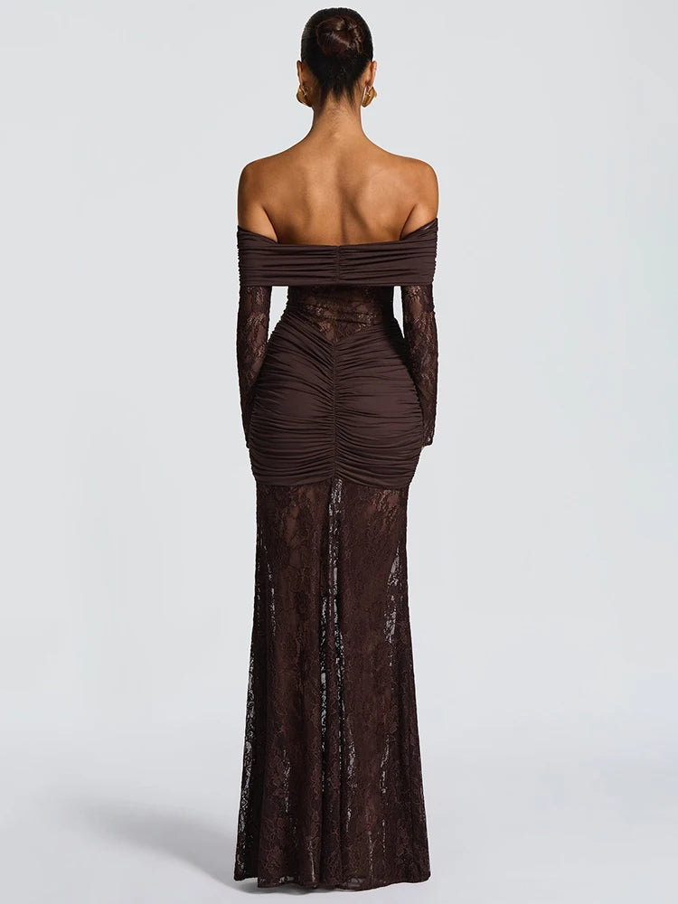 Mozision Off-shoulder Long Sleeve Sexy Maxi Dress Women Fashion Lace See Through Strapless Backless Bodycon Club Party Dresses