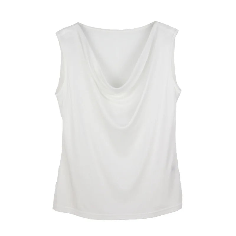 100% Silk Womens Silk T-shirt Comfortable Sleeveless Casual T-shirt Pure Silk T-shirt Cowl Collar T-Shirt