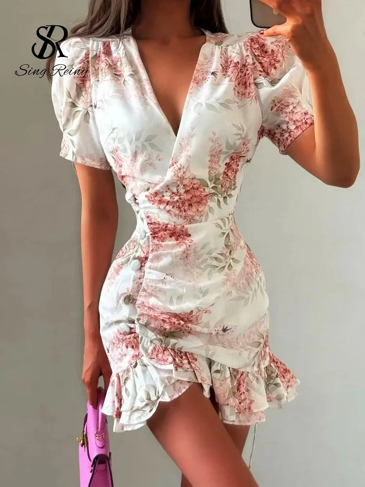 SINGREINY Elegant Floral Printed Mini Dress Women V-neck Short Sleeves Hotsweet Ruffle Sundress 2026 Lady Summer Vacation Dress