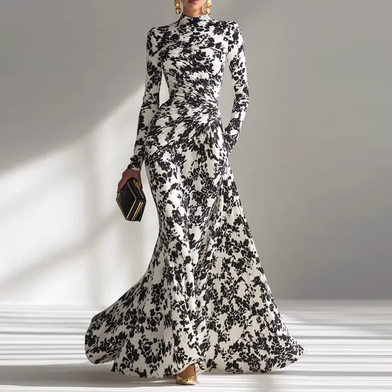 Sexy O Neck Floral Print Long Maxi Dress Woman 2026 Spring High Waist Slim Draped Party Dress Fall Long Sleeve A-Line Boho Dress