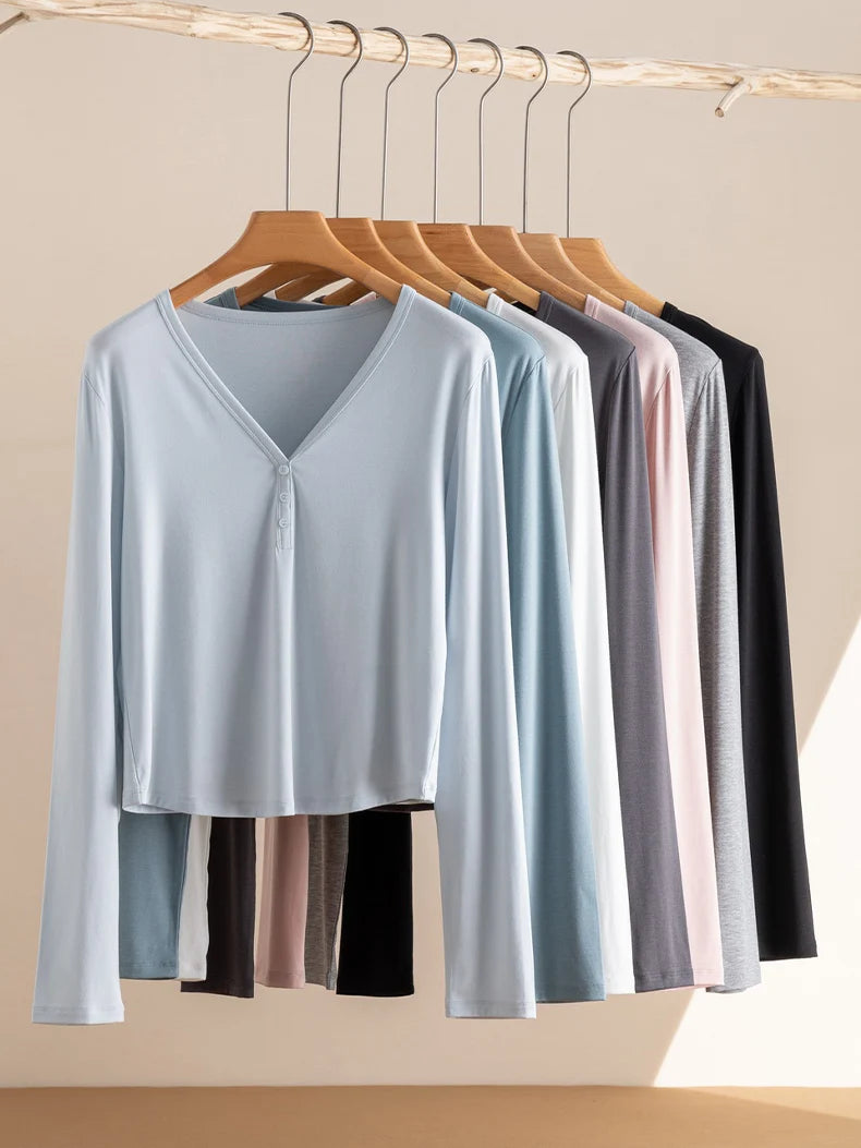 SuyaDream Women Solid Short T Shirts, Silk Viscose Blend, V Neck, Long Sleeved Tee, 2025 Spring Autumn Crop Top