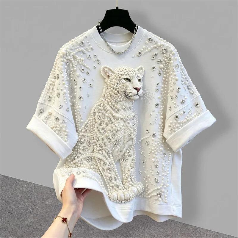 Summer Autumn Fashion Heavy Industry Nail Bead Jellyfish Embroidery T-shirt Women Tshirt Blouse Loose Short Sleeved Top Female
