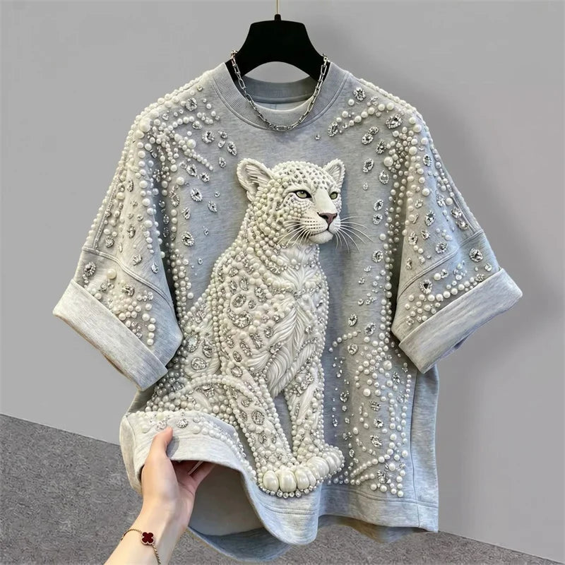 Summer Autumn Fashion Heavy Industry Nail Bead Jellyfish Embroidery T-shirt Women Tshirt Blouse Loose Short Sleeved Top Female