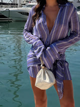 2026 Women Chic Vacation Outfits Fashion Striped Print Sheer Chiffon Shirt Casual Turn-down Collar Mini Dress & Detachable Scarf