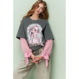 ELFSACK Fake 2 Piece T Shirt with Sweet Girl Print, Pink Sheer Sleeve Bow Tie Long Sleeve Casual Oversized Top