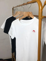 Retro Basic T Shirt Women Embroidered Moon European American Classic Short Sleeve Summer Slim Fit Elastic Crescent Round Neck