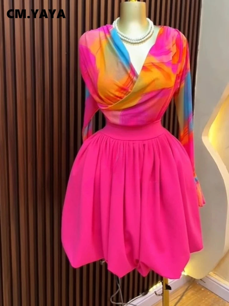 CM.YAYA Women Hot Pink Tie Dye Mesh Long Sleeve Wrap V Neck High Waist Pleated Irregular Hem Mini Party Dress 2026 Summer Dress
