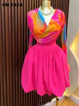 CM.YAYA Women Hot Pink Tie Dye Mesh Long Sleeve Wrap V Neck High Waist Pleated Irregular Hem Mini Party Dress 2026 Summer Dress