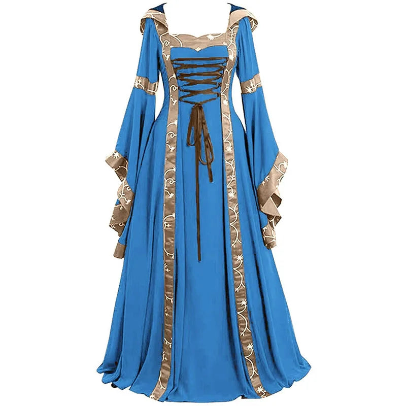 Vintage Medieval Maxi Dress for Women Gothic Bandage Flare Sleeve Floor Length Dress Lady Elegant High Waist Square Neck Dresses