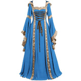 Vintage Medieval Maxi Dress for Women Gothic Bandage Flare Sleeve Floor Length Dress Lady Elegant High Waist Square Neck Dresses
