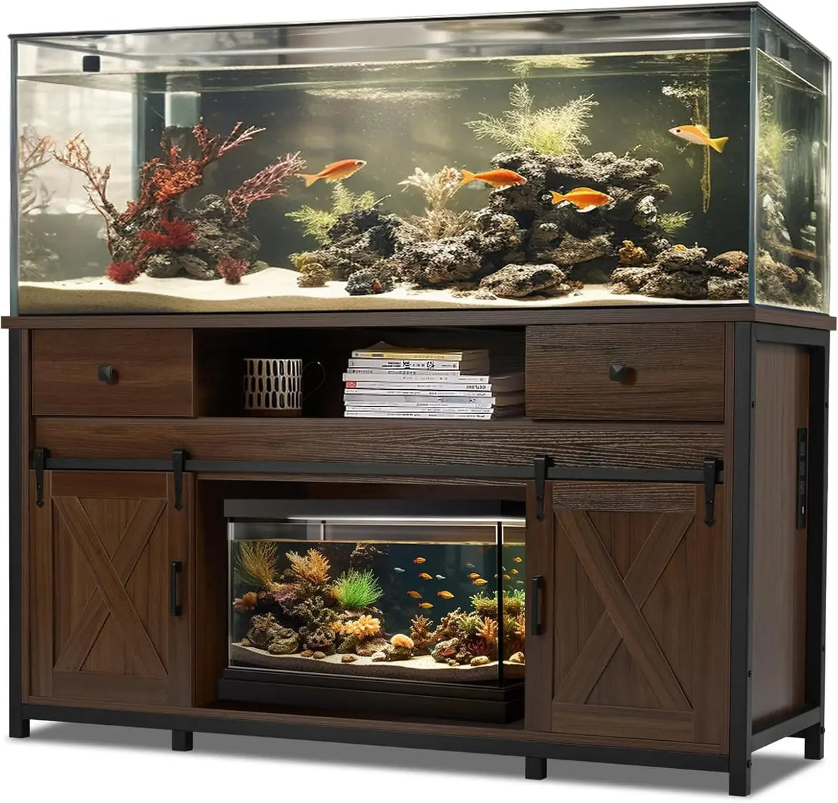 Aquarium Stand, 75 To 120 Gallon Capacity, Power Outlets, Dual Support Cabinet, Thick Hardwood Top Storage