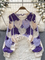 SINGREINY Fashion Casual Loose Blouse Women O Neck Hook Flower Hollow Long Sleeved Tassel Design Autumn Streetwear Knitting Top