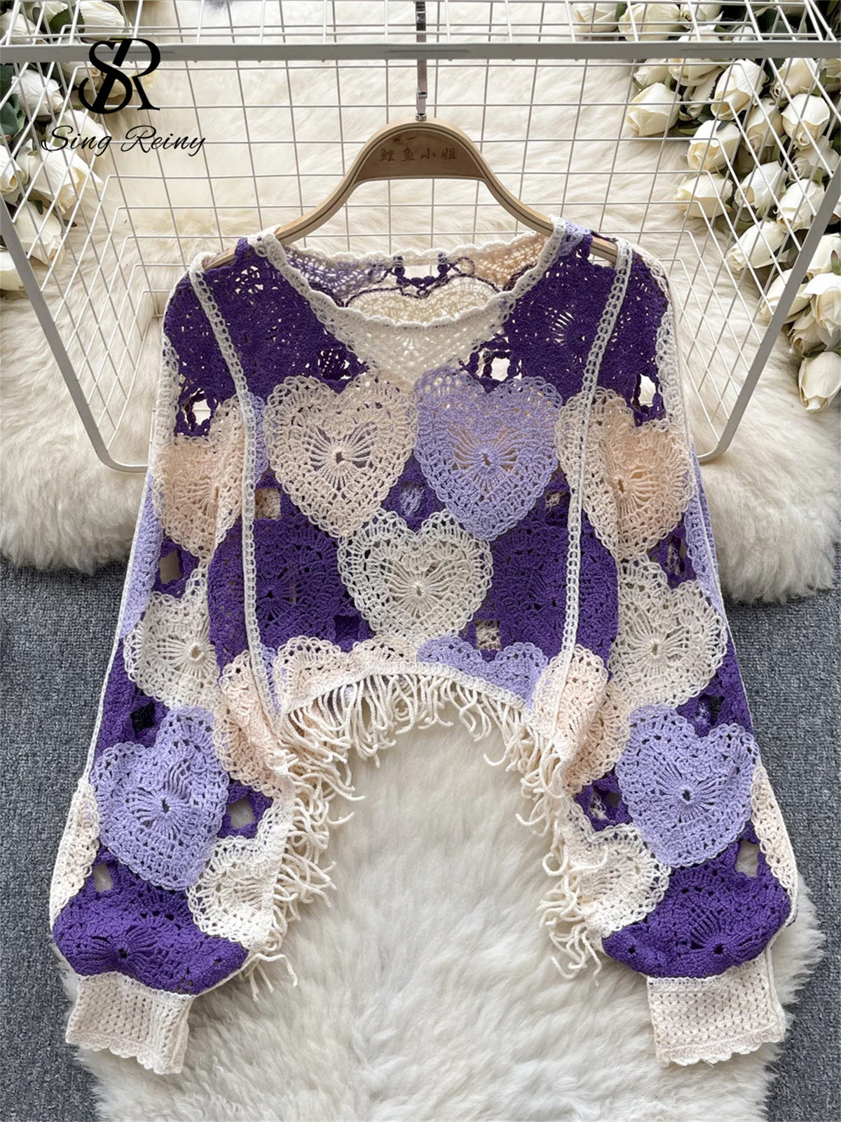 SINGREINY Fashion Casual Loose Blouse Women O Neck Hook Flower Hollow Long Sleeved Tassel Design Autumn Streetwear Knitting Top