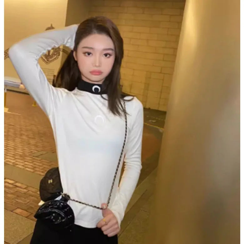 Moon Print Slim Fit Long Sleeve T-Shirt High Collar Embroidery Base Shirt Commute Style Spring Season Ladies Fashion