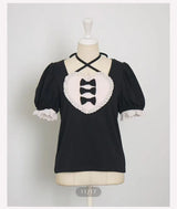 Japanese Sweet Cute Embroidered Lace Heart Bow Lace-up Halter Neck Collar Puff Sleeve Versatile Casual T-shirt Top Women Summer