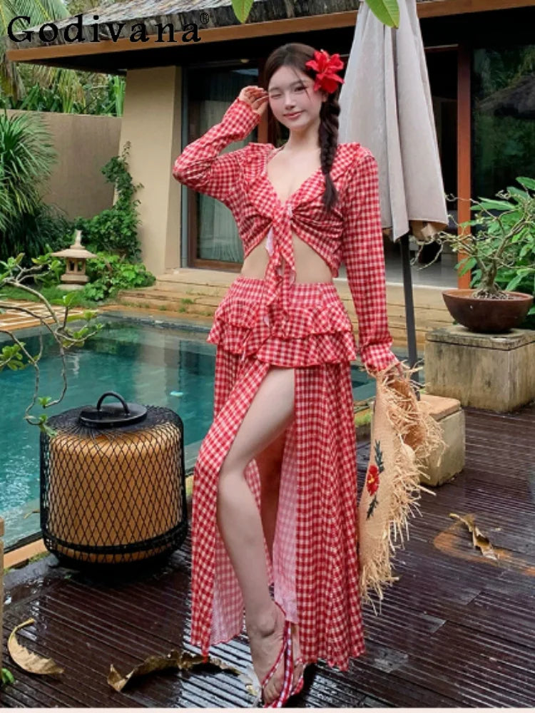 Large Size Summer New Long Skirt Four-piece Seaside Vacation Bikini Split Swimsuit Women Sexy Fashion Red Plaid Swimwear Sets