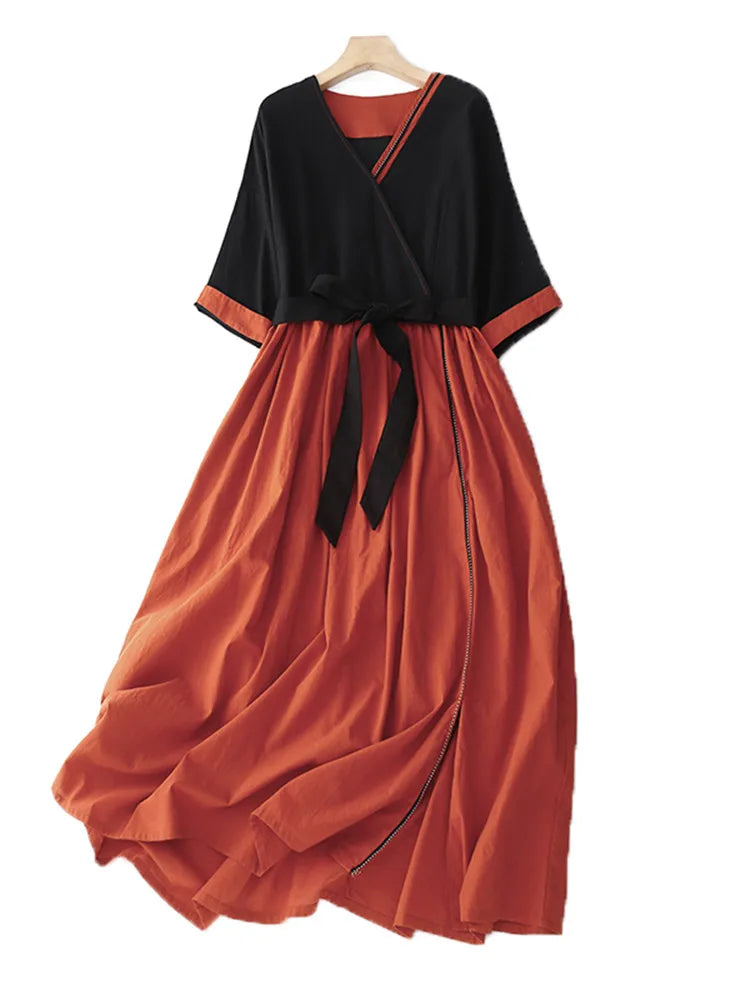 2024 New Arrival V-neck Patchwork Vintage Loose Summer Dress Bow Belt Slim Office Lady Work Dress Fashion Women Casual Dress