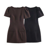 Women's Causal Puff Sleeve Party Dresses Elegant Solid Pockets A-line Slim Zipper Mini Dress Ladies Office Club Evening Outfit