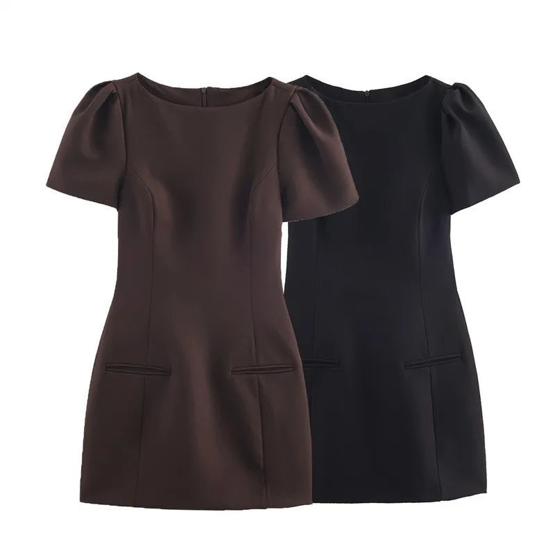 Women's Causal Puff Sleeve Party Dresses Elegant Solid Pockets A-line Slim Zipper Mini Dress Ladies Office Club Evening Outfit