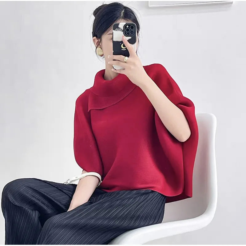 Miyake Pleated Scarf Collar Top 2026 New Simple Casual Batwing Sleeve Top T-Shirt Women's Plus Size Stretch Fashion Clothing