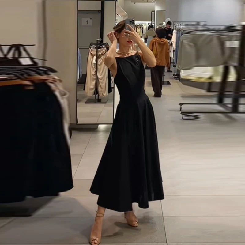 Chic Elegant Black Midi Dress Sleeveless A-line Classic Women's Dresses Timeless Summer Casual Office Trendy Timeless Outfit