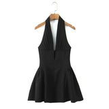 Sexy White Black Pleated Ruched Halter Dress Women Deep V Neck Slim Low Waist Swing Ball Gown Short Dresses Robe Femme Vestidos