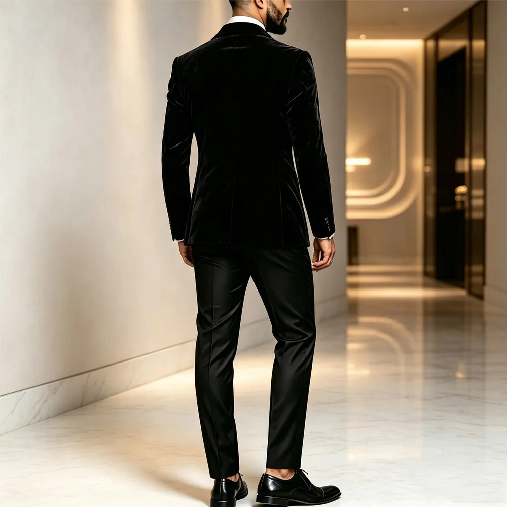 Men Black Velvet Blazer White Floral Embroidery Peak Lapel Red Tassel Slim Fit Jacket Wedding Groom Tuxedo For Party Prom
