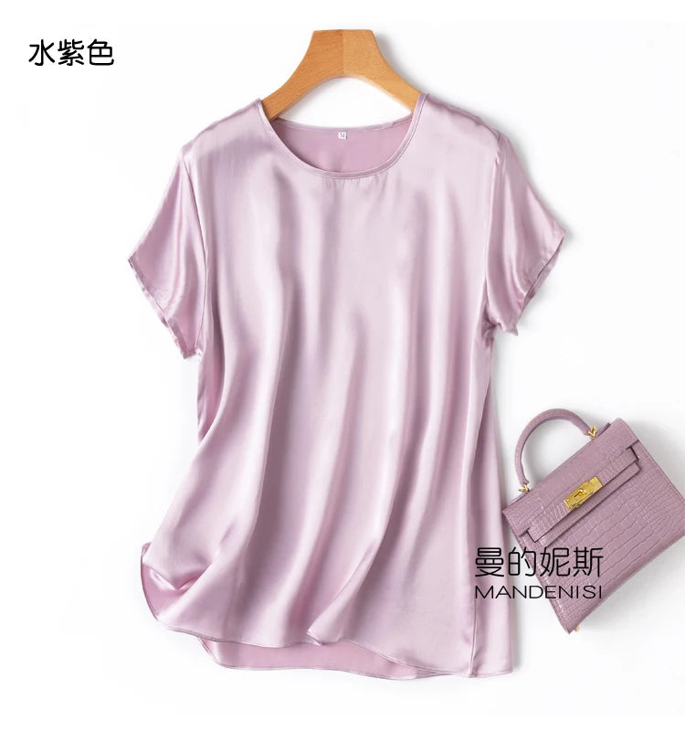 Benefits! Flowing Gem Series Basic Style Versatile Round Neck 100% Mulberry Silk Short Sleeve Silk Satin T-Shirt Top