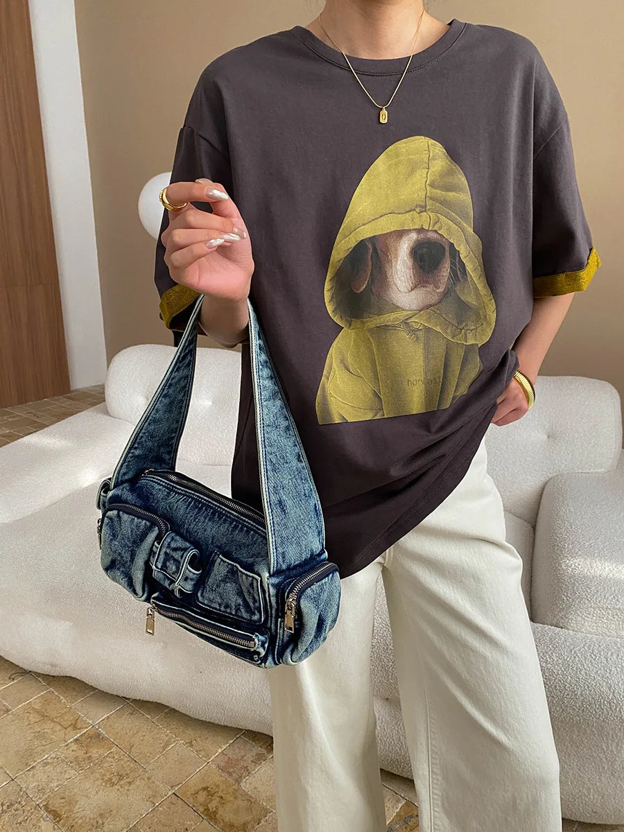 Spring women's casual cartoon printed round neck short sleeved loose T-shirt