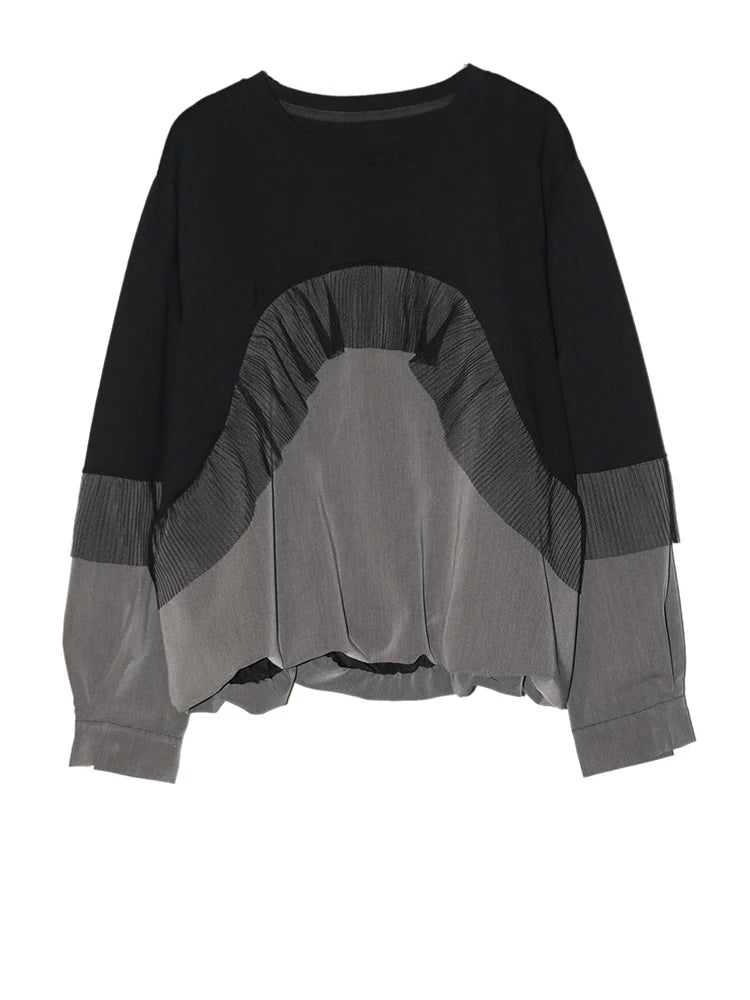 [EAM] Women Balck Mesh Ruffles Spliced Big Size T-shirt New Round Neck Long Sleeve Fashion Tide Spring Autumn 2026 1DJ9332