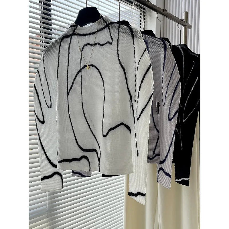 Miyake Pleated T-Shirt 2026 Spring Niche Design Personality Versatile Long Sleeve Pleats Print Top High Neck Slim Fit T-Shirt