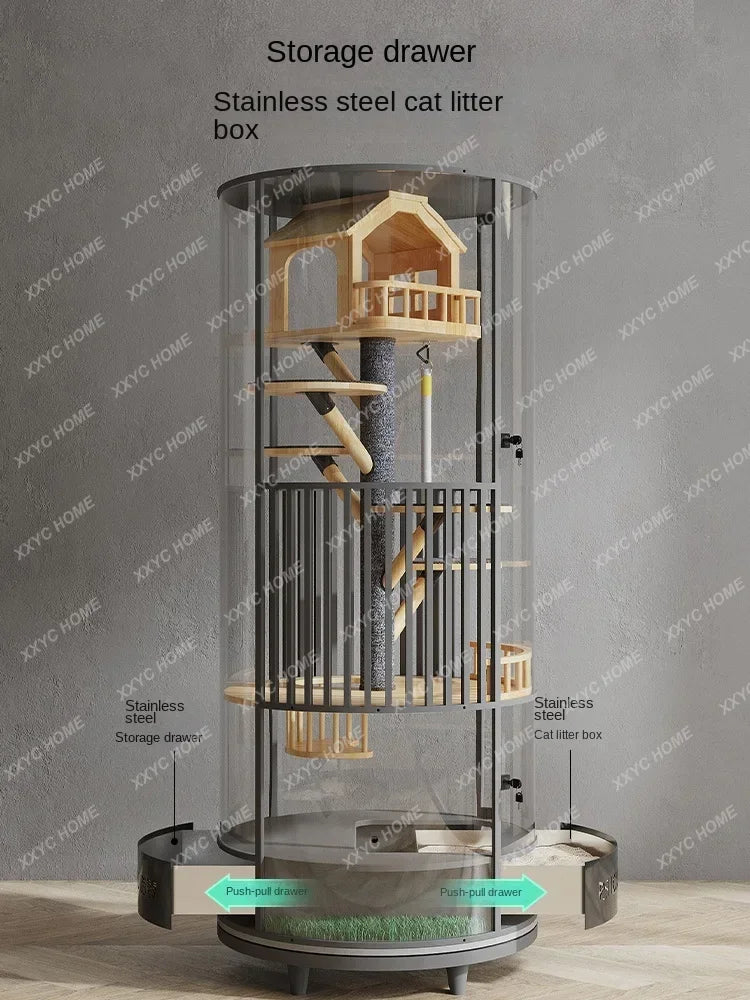 TT360 ° Rotatable Cat Cage Villa Solid Wood Luxury Panoramic Display Cabinet Nest Glass House With Toilet