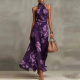 Elegant Halter Off Shoulder Hollow Party Dresses Woman Spring Floral Print Chiffon Long Dress Boho Sleeveless Summer Beach Dress