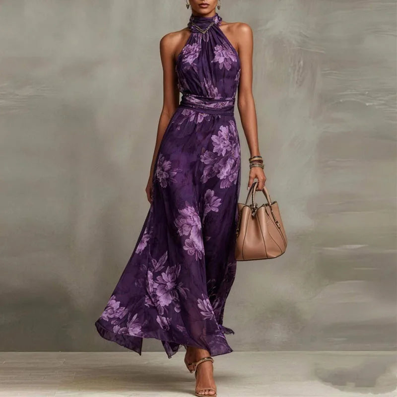 Elegant Halter Off Shoulder Hollow Party Dresses Woman Spring Floral Print Chiffon Long Dress Boho Sleeveless Summer Beach Dress