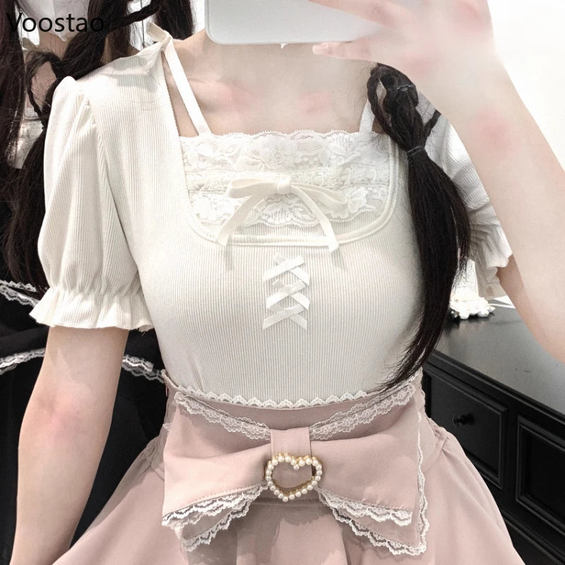 Japanese Kawaii Lolita Style T-shirt Women Sweet Cute Lace Ruffles Puff Short Sleeve Slim Tops Female Gothic Y2k Tee Retro Shirt
