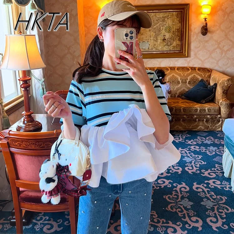 Japanese Contrasting Striped Ruffle Short-sleeved T-shirt Top Women Summer New Elastic High-waisted Slim-fitting Striped Tshirt