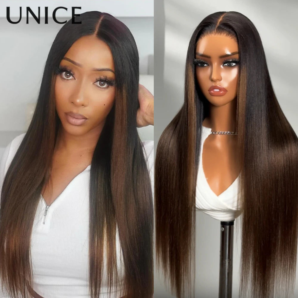 UNICE 7x5 Pre Cut Pre Bleached Glueless Wigs Human Hair Drawstring Cap Chesnut Brown Ombre Yaki Straight Wig 150% Density