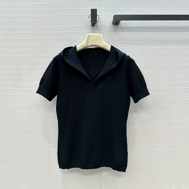 Women's t-shirt New elastic knitted short sleeved top for autumn 2025 Hooded slim fit V-neck pullover Women's corset y2k hoodie