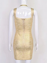 BEAUKEY Fashion Luxury Golden Metallized Print Evening Bandage Dress Women Mini Halter Backless Sexy Bodycon Dress Maxi Vestidos