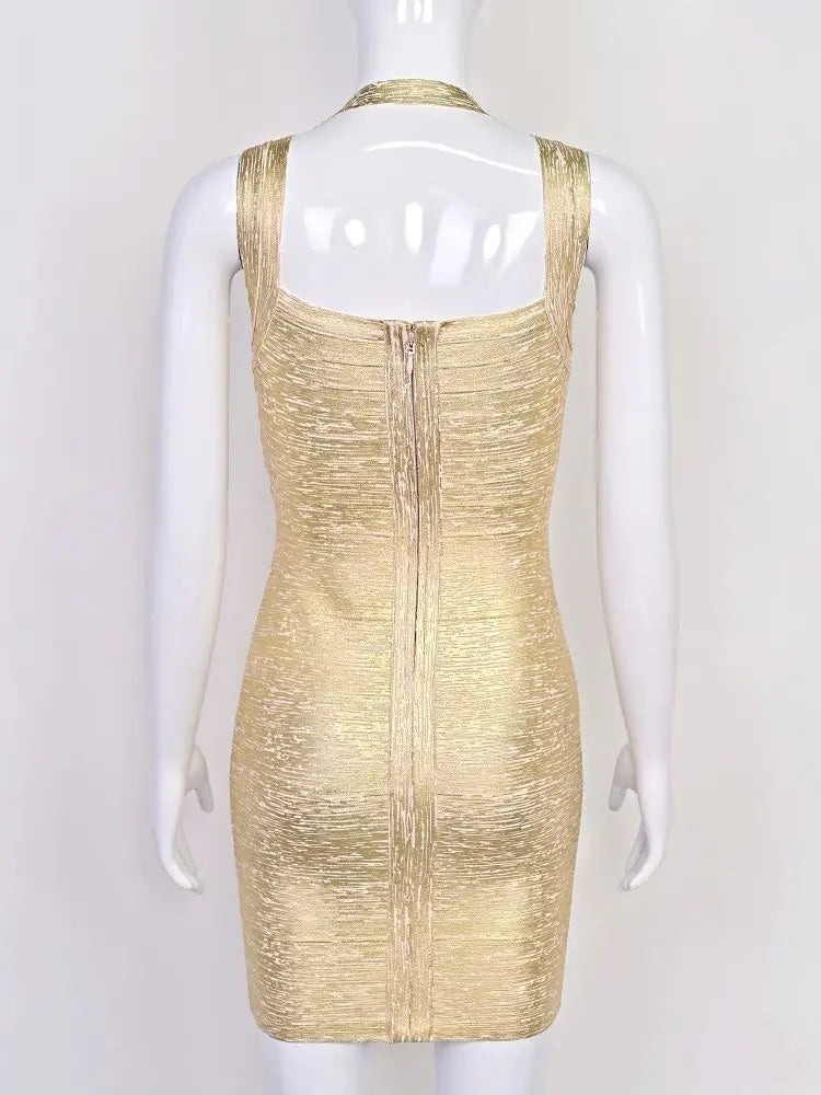 BEAUKEY Fashion Luxury Golden Metallized Print Evening Bandage Dress Women Mini Halter Backless Sexy Bodycon Dress Maxi Vestidos