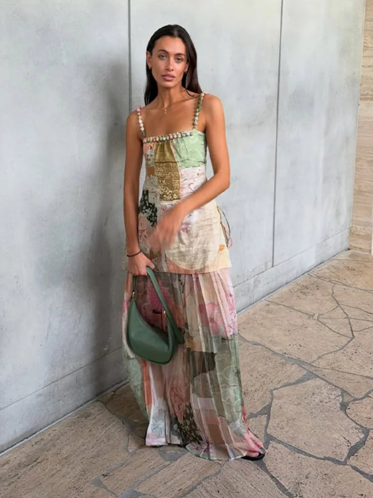 Art Print Beaded Strap Cami & Wide Leg Pants Set Bohemian Drawstring Waist 2026 Summer Fashion Elegant Women Vacation Outfit