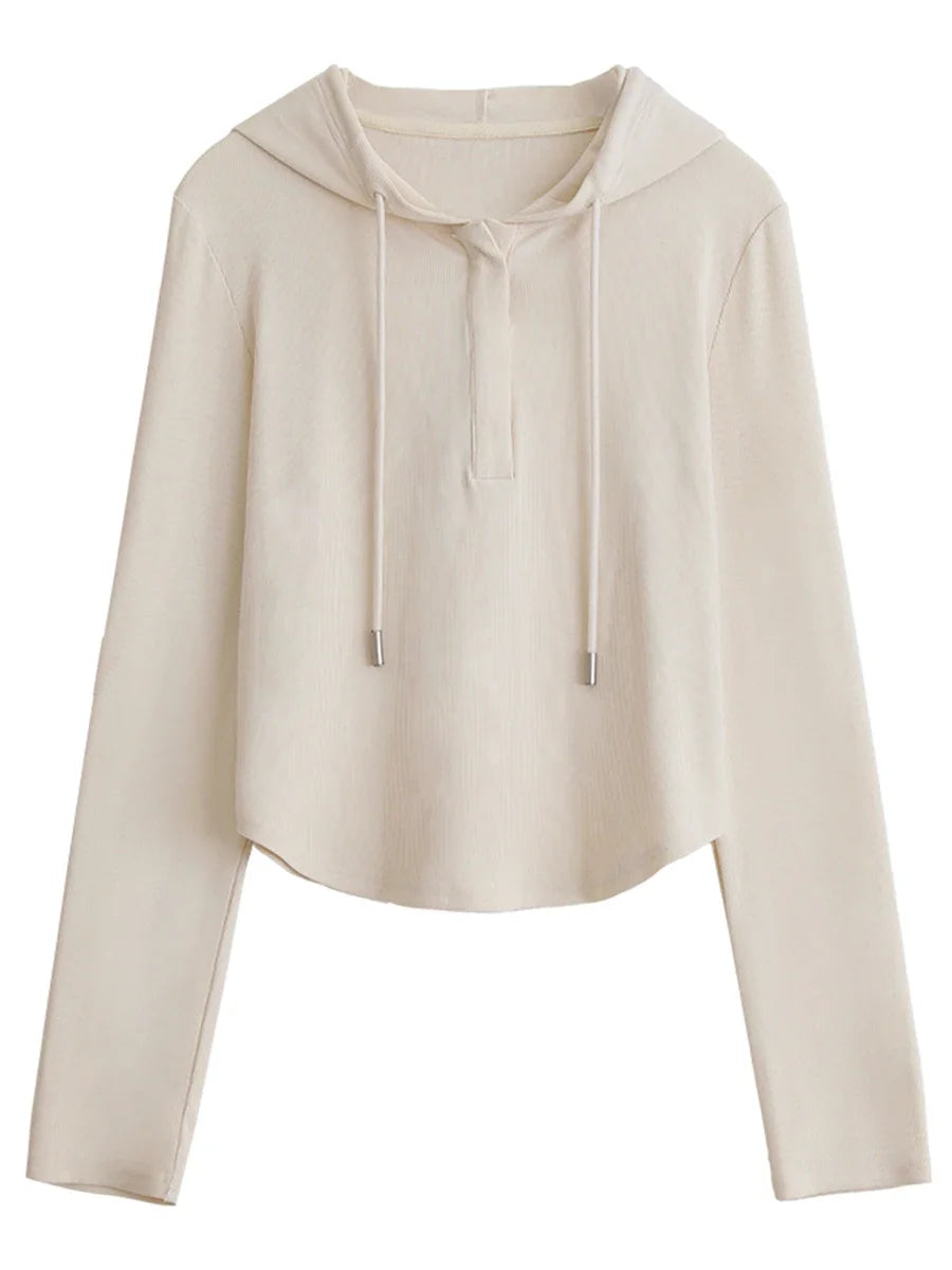 CHIC VEN Women T-Shirts New Casual Hooded Drawstring Layered Long Sleeved Slim Woman Knit Tees Female Tops Spring 2024