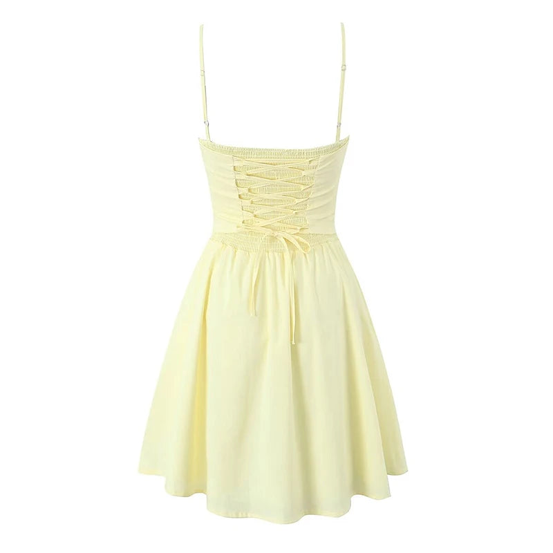 YENKYE Sexy Elegant Women Fishbone Waist Shaping Sling Mini Dress Lace Up Back Fit And Flare Summer Party Dresses Yellow Robe