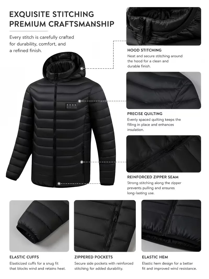 Men's Intelligent Heating Jacket 39 Heating Zones Four Temperature Control Settings Outdoor Cold Resistance Winter Hat Included (Battery Not Included)