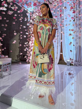 Printed Spliced Feather Tassel Hem Dress Half Sleeve O-neck Loose Maxi Dresses 2026 Summer Fashion Elegant Party Women Outwear