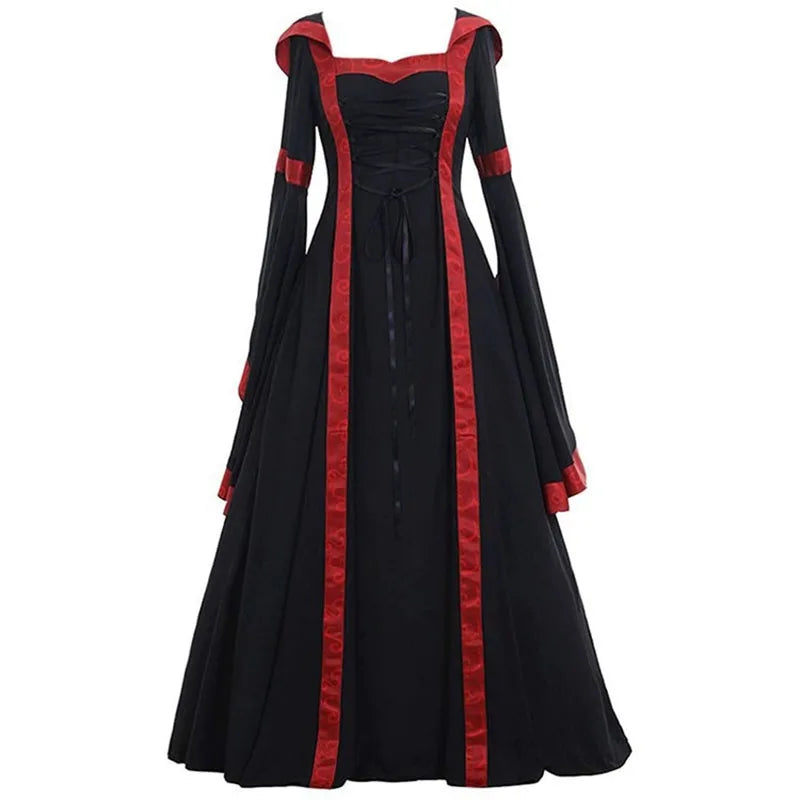 Vintage Medieval Maxi Dress for Women Gothic Bandage Flare Sleeve Floor Length Dress Lady Elegant High Waist Square Neck Dresses