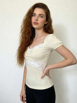 Womens Pink Puff Sleeve Sweetheart Neck Lace Patchwork Slim Fit Top