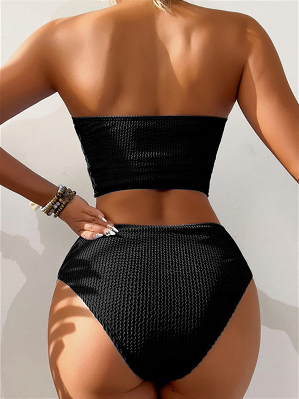 Sexy rosered bikini strapless bandeau swimsuit women vacation swimwear high waist ribbing tankini outfit beachwear swimming suit