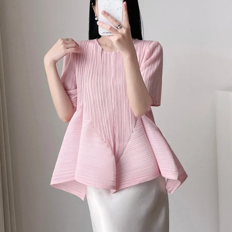 Pleated T-Shirt 2026 Summer New Ruffled Short Sleeve Top Elegant Commuter Women's Lightweight Stretch Non-Iron Clothing