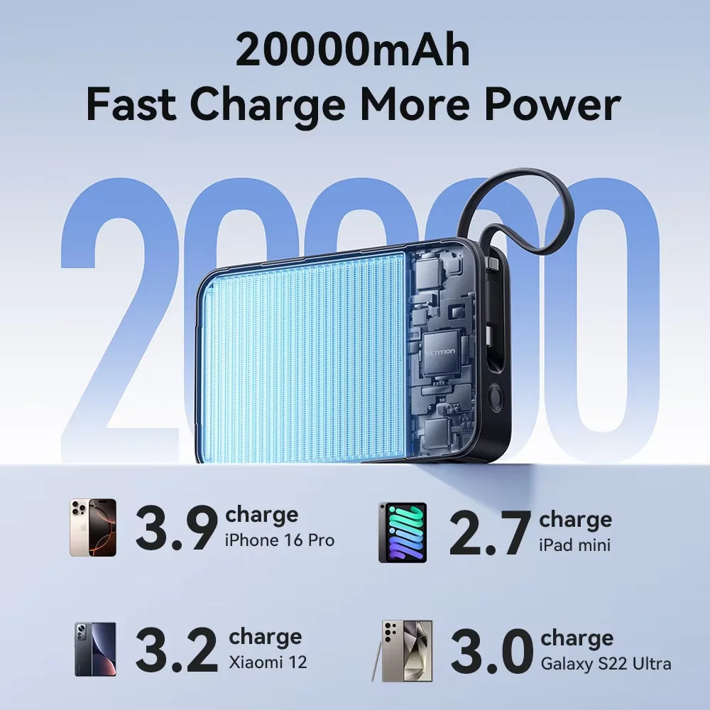 Vention Power Bank 20000mAh Portable PD 65W Fast Charging Built-in Type-C Cable External Battery Powerbank For iPhone 18 Laptop